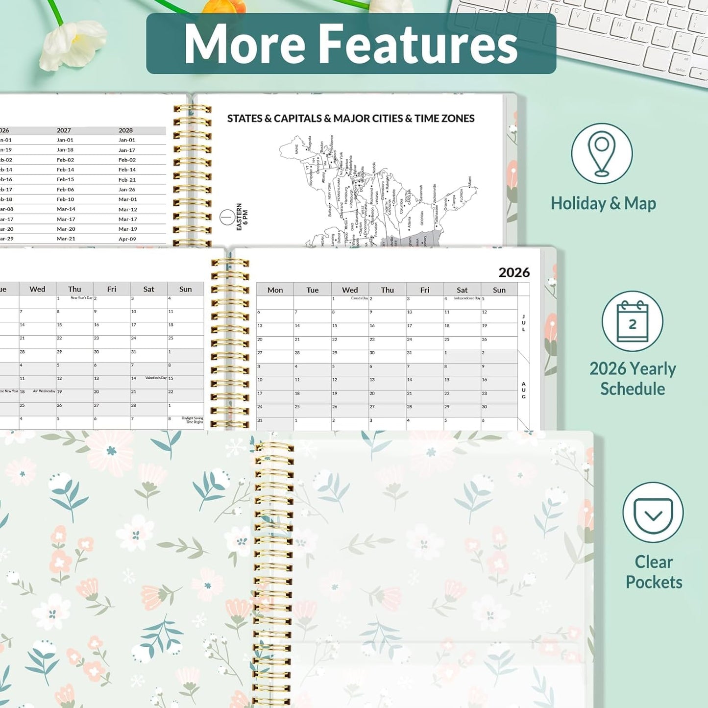 SUNEE 2026 Appointment Book, Quarter-Hourly, Weekly & Monthly - from January 2026 - December 2026, 8.5"x11" Weekly Planner, Flexible Cover, Note Pages, Pockets, Bookmark, Green Wildflowers