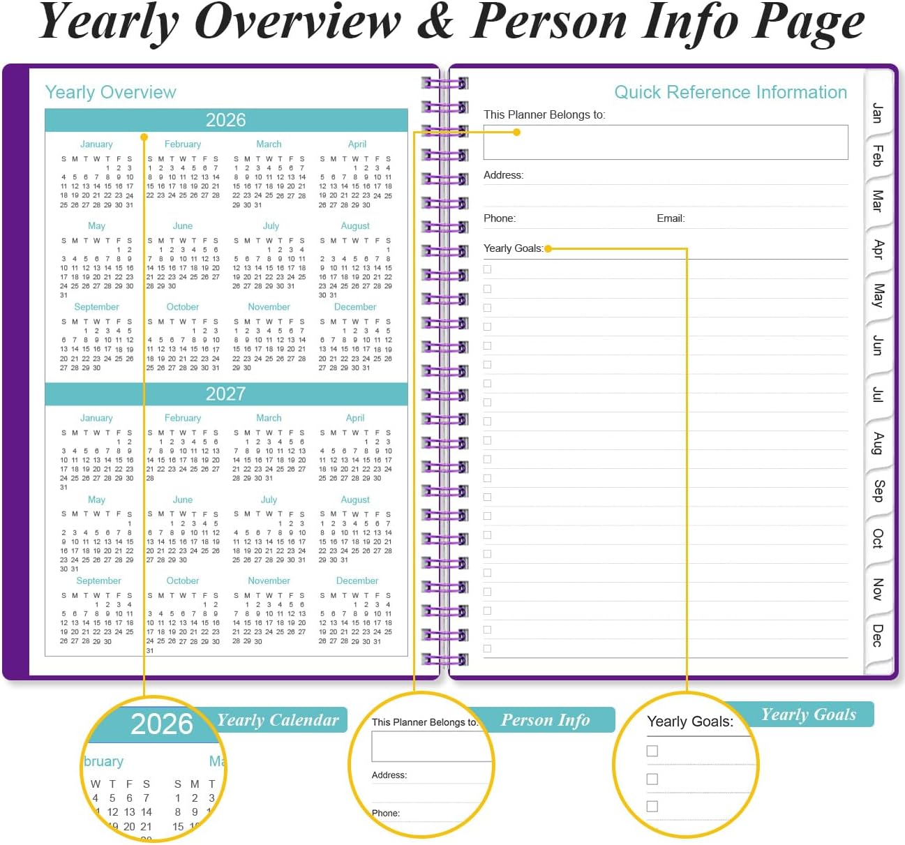 2026 Planner - Weekly and Monthly Calendar Planner from Jan 2026 - Dec 2026, Planner 2026 Spiral Bound with 12 Monthly Tabs, Inner Pocket, Perfect for School Office Supplies, 6.4" x 8.5", Purple-C