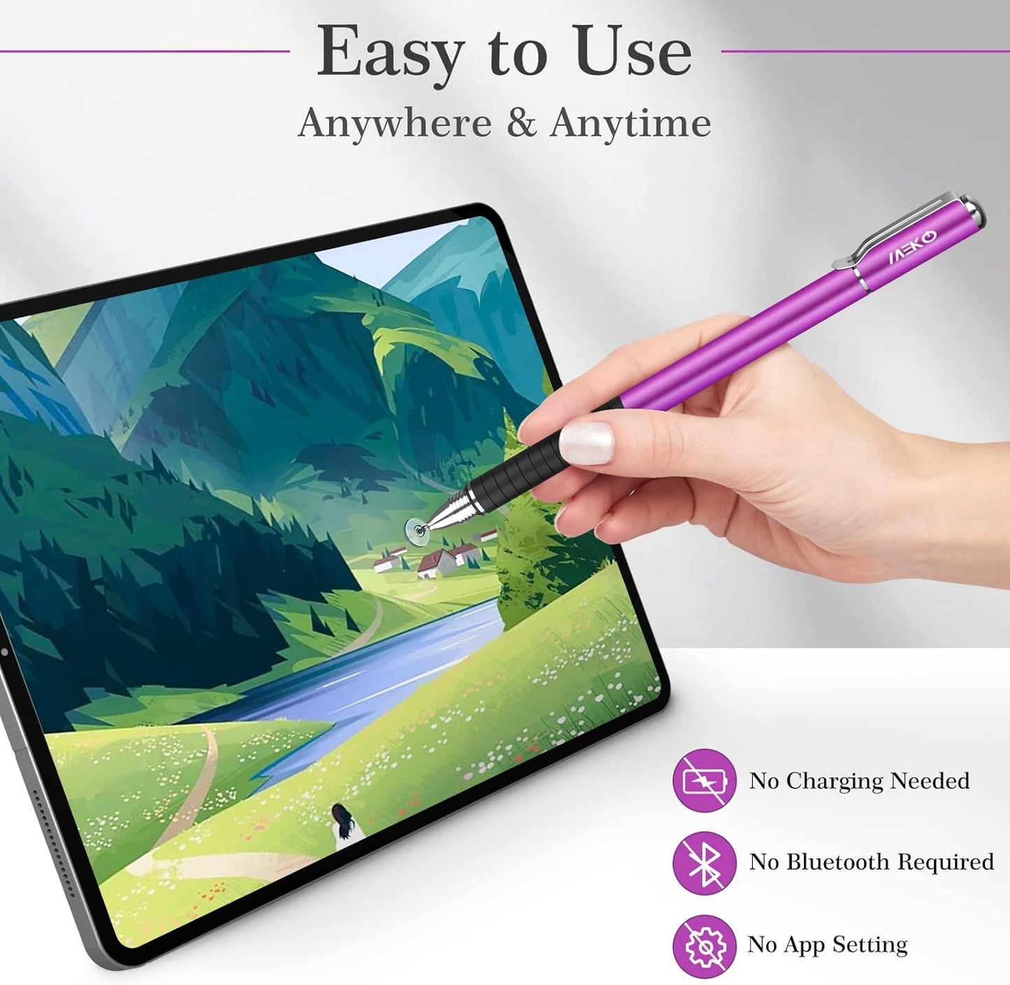 MEKO Stylus Pens for Touch Screens, 2 in 1 Universal Disc Stylus Pens for iPhone, iPad and All Capacitive Cell Phones, Tablets, Laptops Bundle with 6 Replacement Tips - (2 Pcs, Pink/Purple)