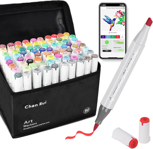 YHC 80 Colors Alcohol Brush Marker with Free App,Dual Tips Art Markers for Adults and Kids, Alcohol Based Brush & Chisel Tips Markers for Drawing, Coloring, Painting, Sketching