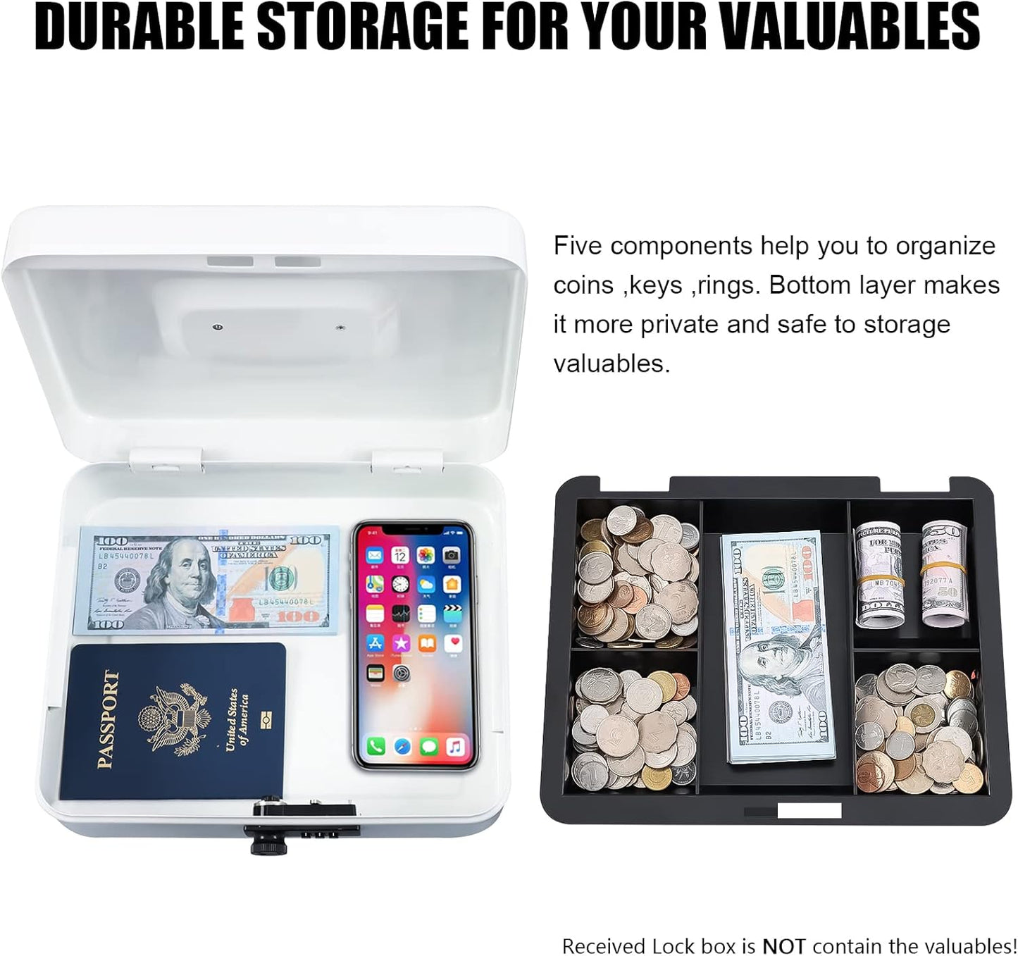 KYODOLED Large Cash Box with Combination Lock,Safe Metal Box for Money, Storage Lock Box with Money Tray,9.84"x 7.87"x 3.54" White Large