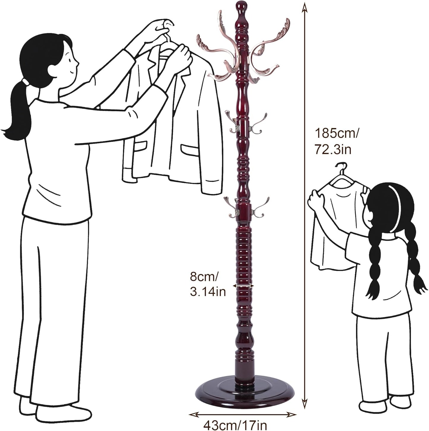 Vintage Free Standing Coat Rack with Disc Base, Solid Wood Coat Hanger Stand with 20 Metal Hooks and 3 Adjustable Size, Standing Coat Rack Tree for Entryway, Bedroom, Hallway, Office, Apartment