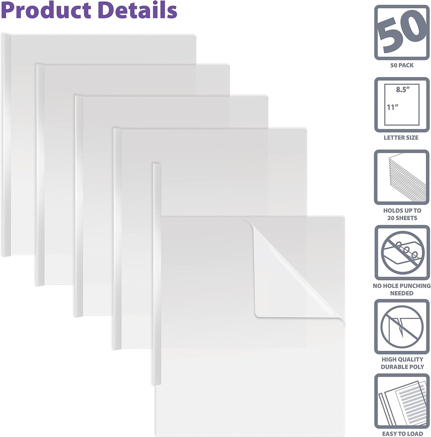 Better Office Products Sliding Bar Clear Report Covers, 50 Per Box, White Slider Bars, Durable 5 mil Poly Thickness, Letter Size, Transparent Report Covers with White Slider Bars, Box of 50
