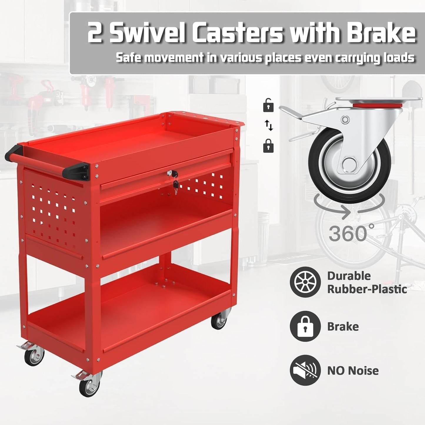 3 Tray Tool Cart with Drawers, 400 LBS Capacity Rolling Tool CartS on Wheels, Heavy Duty Utility Cart with Pegboard, Mechanic Tool Storage Cart for Garage, Warehouse and Repair Shop, Red