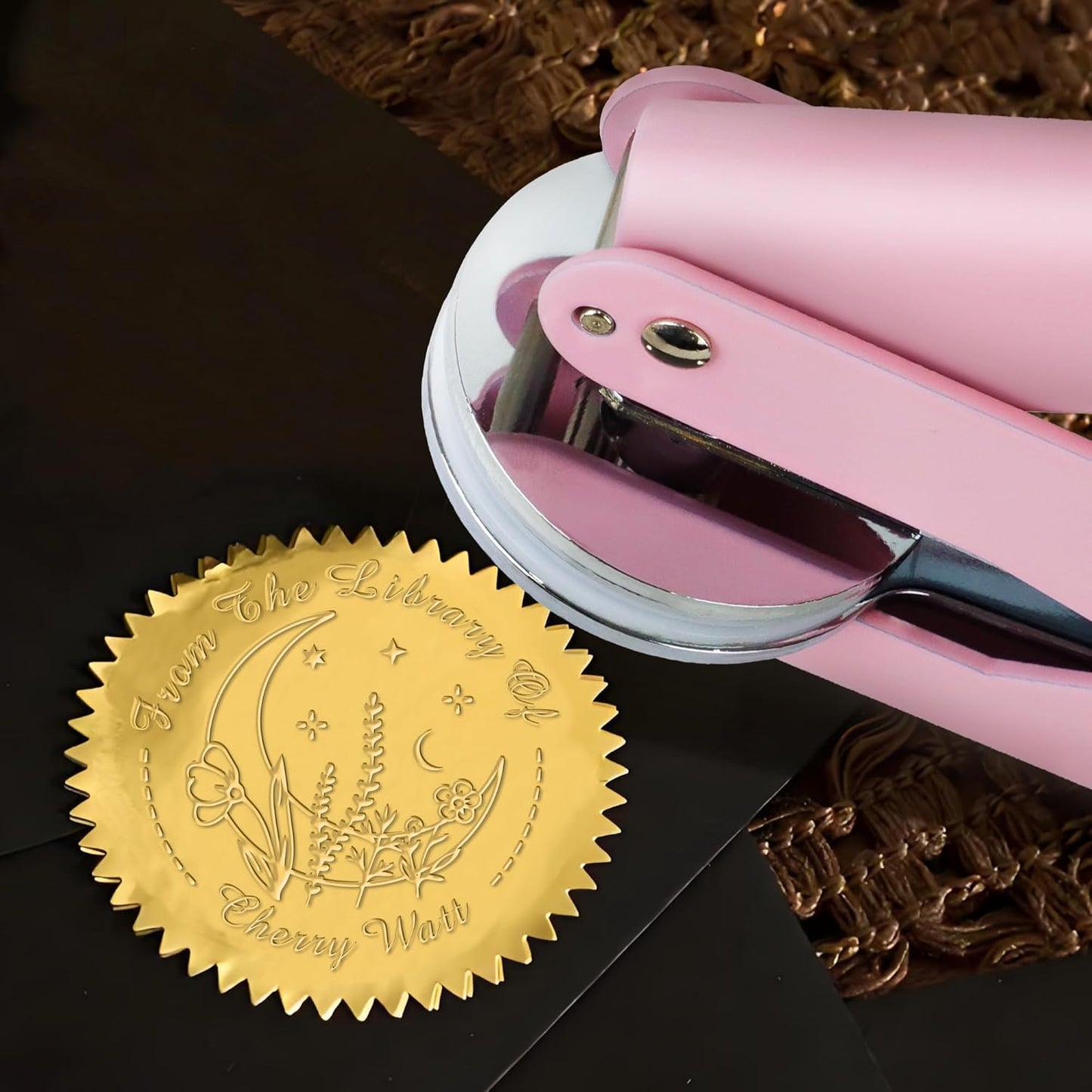 Customized Book Embosser Color Moon Plants Stamp with Your Name or Design Flower Personalized Library Embosser Stamp Custom Books Business Cards Paper Documents Notebooks etc. (Moon-01)