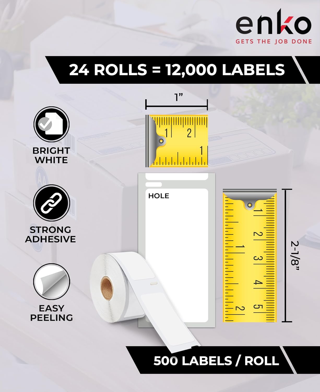 enKo Compatible for Dymo 30336 Labels (1" x 2-1/8") - 24 Rolls | 12,000 Labels for Dymo LabelWriter 450 Turbo Printer and 4XL - Blank White Direct Thermal Address, Shipping and Barcode Labels