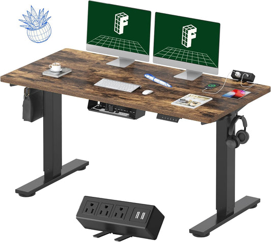 FLEXISPOT EN2 Whole-Piece Standing Desk with Clamp Power Strip, 55 x 28 Electric Stand Up Height Adjustable Desk with Cable Management (Black Frame + 55" Rustic Brown Desktop, 2 Packages)