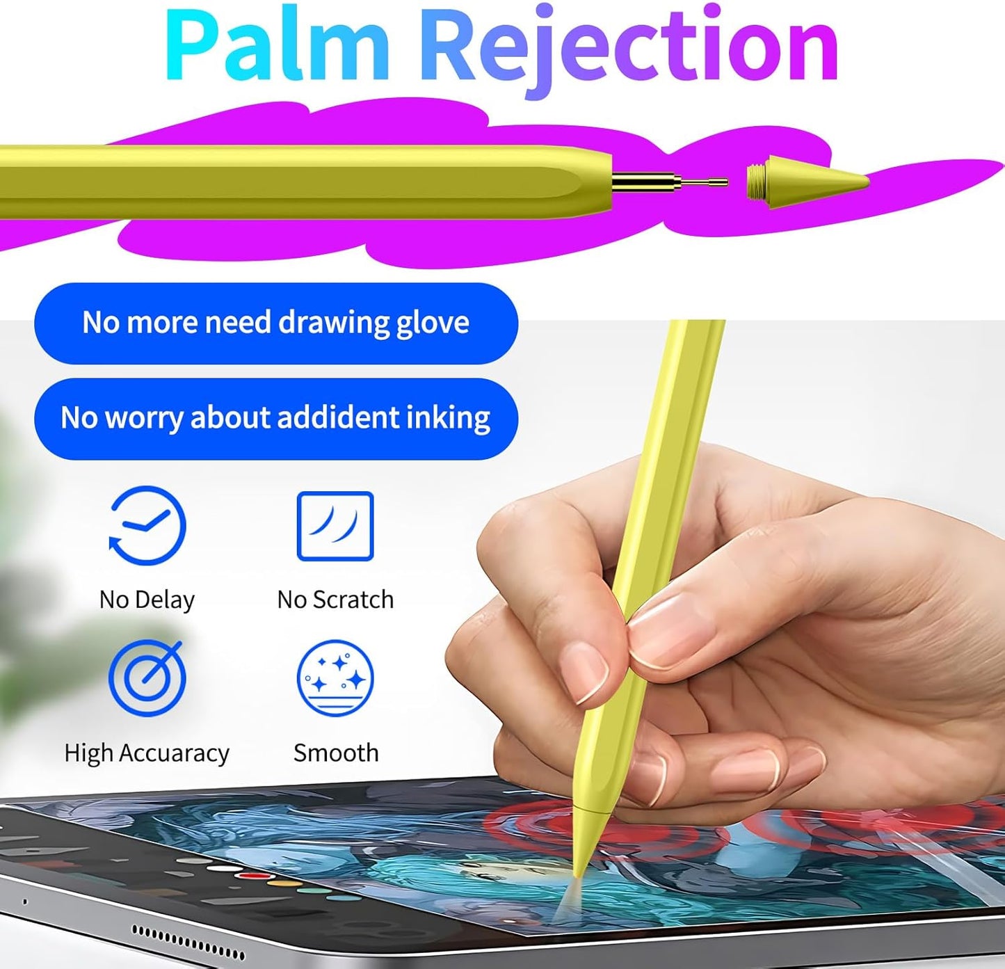 Stylus Pen for iPad, Fast Charging Pencil for Pad with Palm Rejection, Tilt Sensitivity for iPad 6-10, Pro 11"/12.9"/M4, Air 3/4/5/M2, Mini 5/6, Yellow
