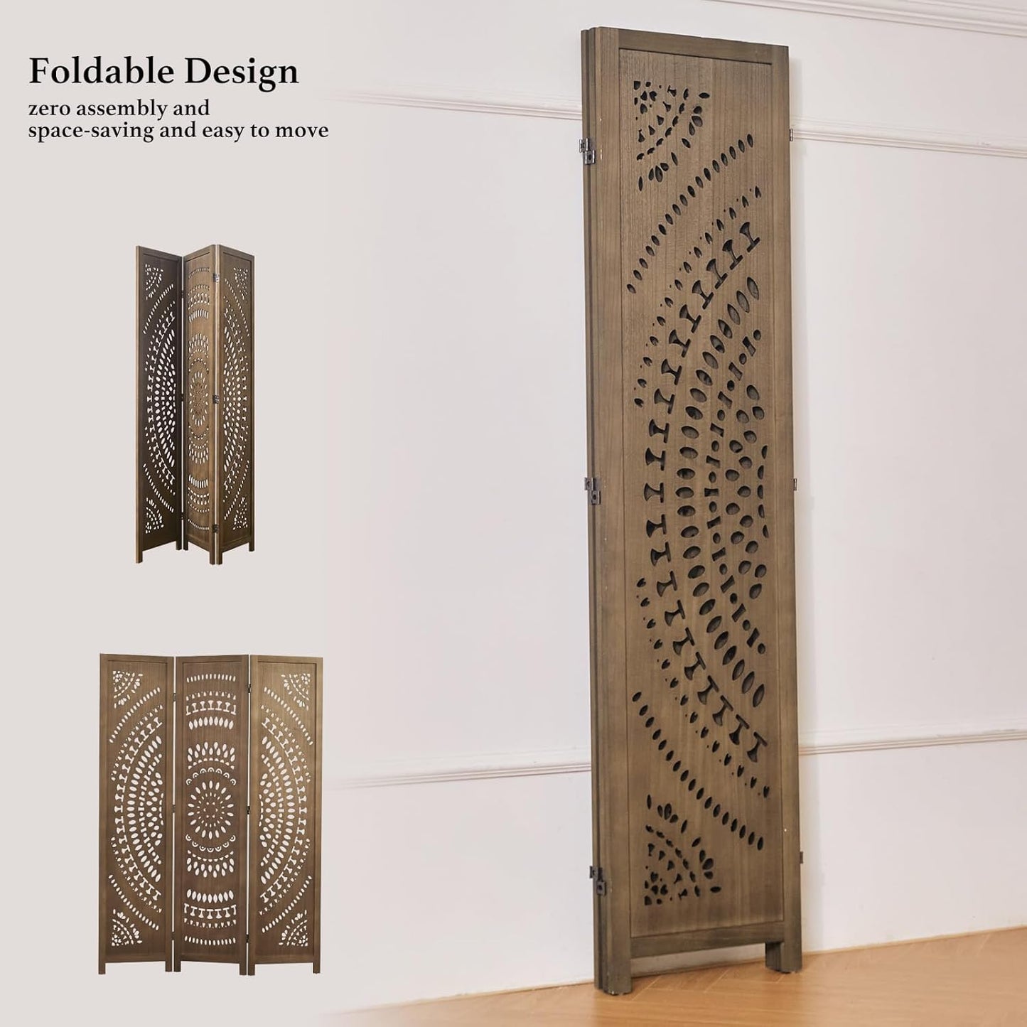 66.9Inch Folding Room Divider, 3 Panels Wood Carved Privacy Screens, Free Assembled Freestanding Partition for Home Office Restaurant Bedroom (Brown)