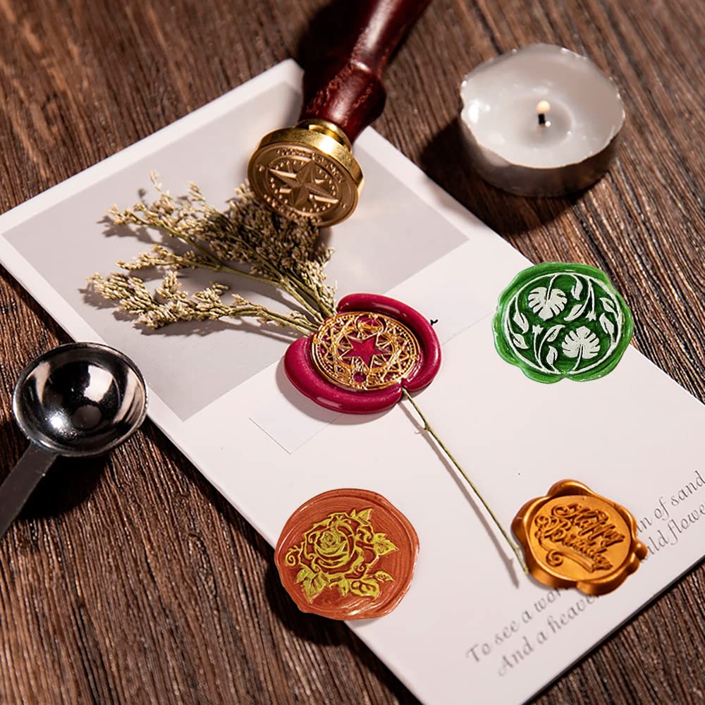 Wax Seal Stamp Hot Stamping Gift Box Set, 6 Pcs Sealing Wax Stamps Copper Seals 1 Wooden Hilt, Wax Stamp Kit for Cards Envelopes, Gift Packaging (Plant)