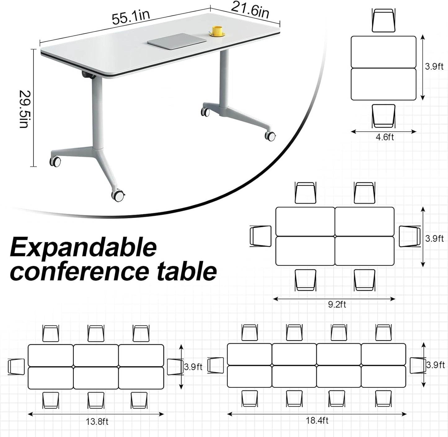 Folding Conference Table, Modern Large Conference Room Tables with Flip-Top Design, Foldable Conference Table Meeting Table with Wheels, Mobile Seminar Training Tables for Office Classroom (8, White)