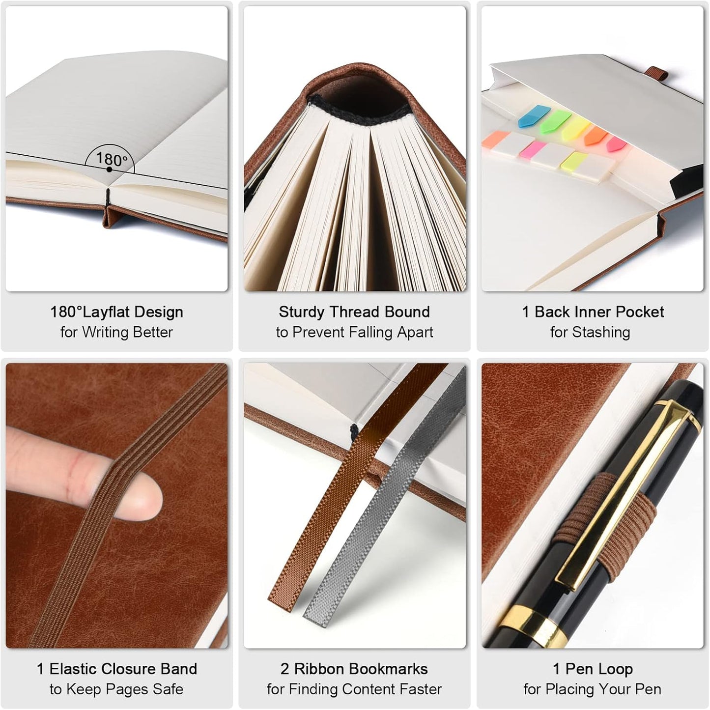 5 Pack College Ruled Notebook, 312 Numbered Pages Thick Notebooks Bulk, 100gsm No Bleed Paper Hardcover Leather Journal, Lined Journal Notebook Set for Women Men School Office, A5, Brown