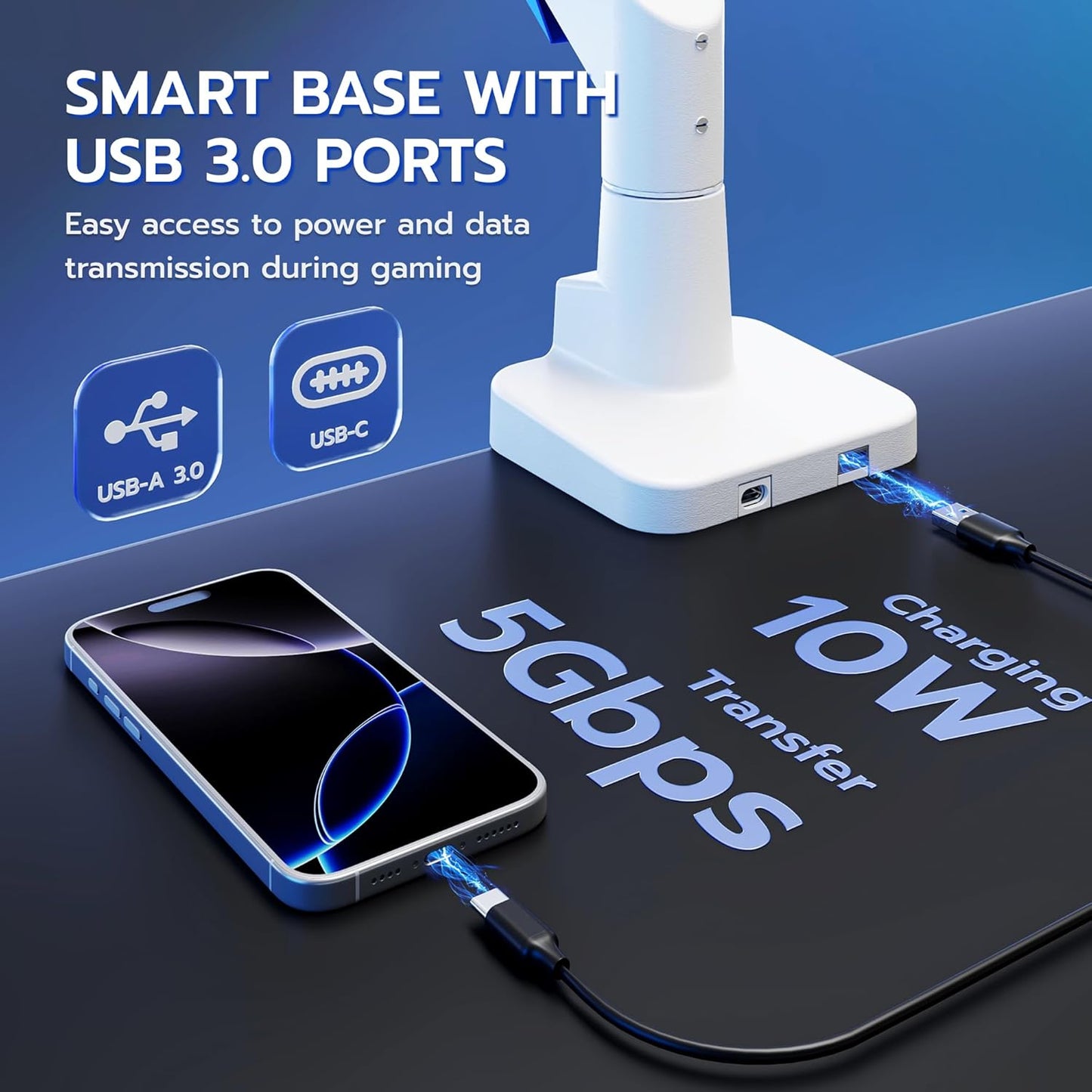 ARES WING Heavy Duty Ultrawide Monitor Arm - Gas Spring Aluminum Monitor Mount with USB for 24"-57" Curved Screens up to 66 lbs with Clamp/Grommet Desk Mount, 75/100/200 Vesa Mount, White