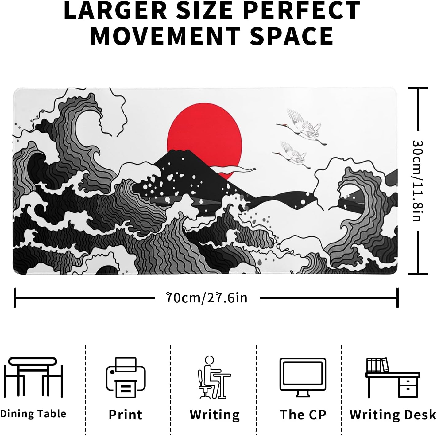 Japanese Red and Black Wave Gaming Mouse Pad Extended Large Mouse Mat Desk Pad Sea Texture Non-Slip Rubber Base Wave Mousepad Stitched Edges Keyboard Desk Pad for Office Home Game 27.6x11.8 Inch