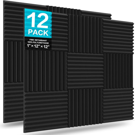 JBER 12 Pack Acoustic Foam Panels, 1" X 12" X 12" Sound Proof Foam Panels for Walls, High Desnsity Studio Soundproofing Wedges - Fire Resistant & Noise Absorbing for Studio, Office, Home (Black)