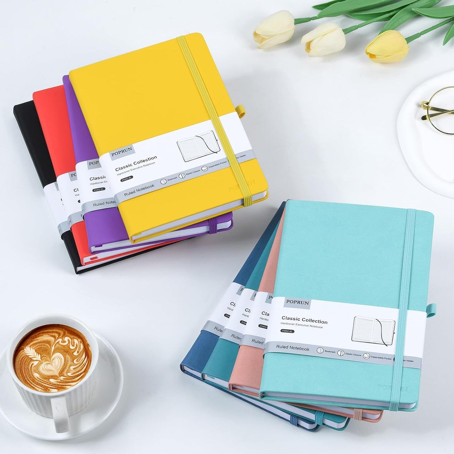 POPRUN A5 Lined Journal Notebooks, Leather Hardcover Thick Notebook for Writing, Business Work, Travel, School, College, Christmas, 5.5 x 8.3 inch, 240 Pages Classic Ruled Journals Notepad, Yellow