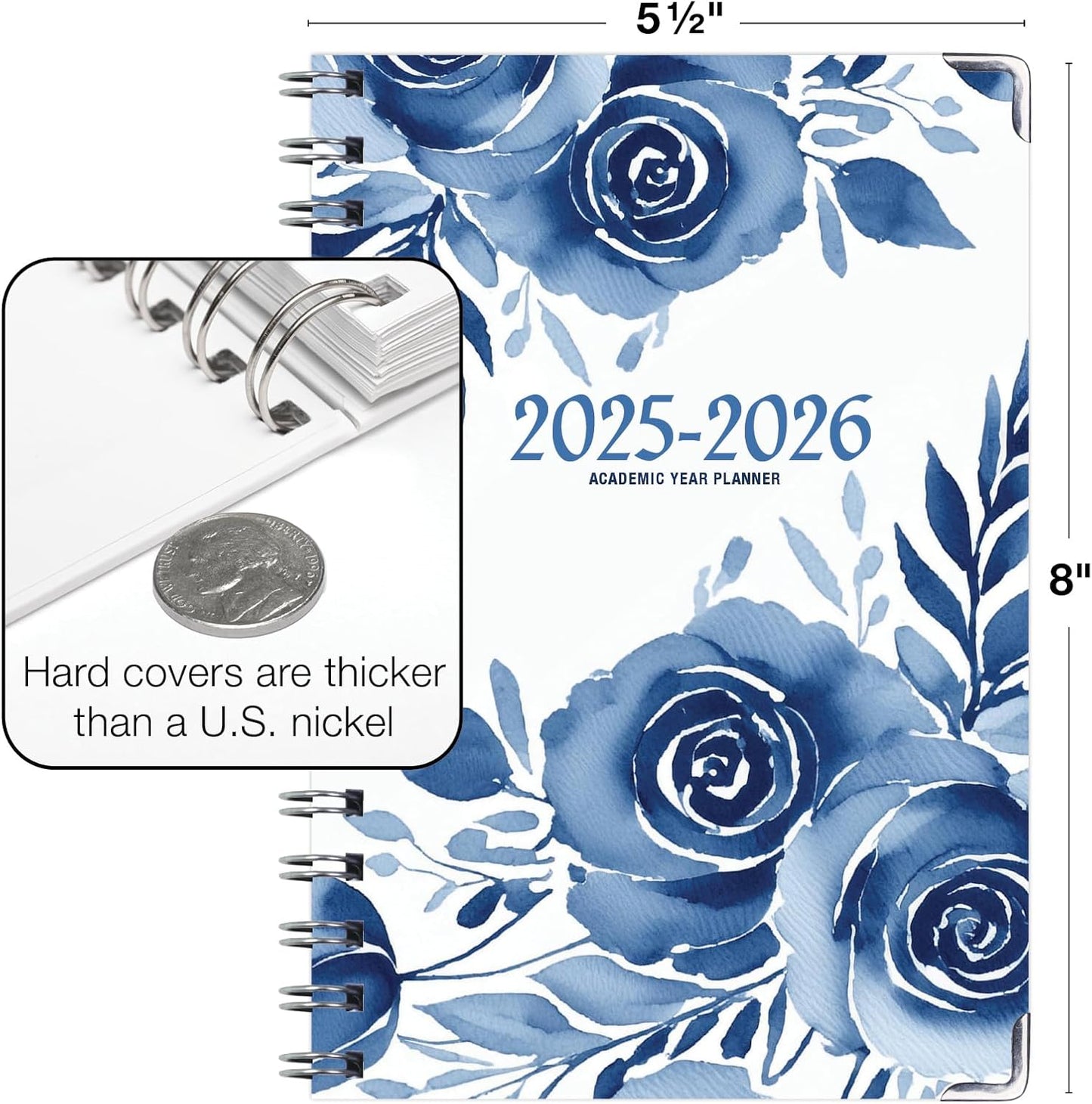 HARDCOVER Academic Year 2025-2026 Planner: (June 2025 Through July 2026) 5.5"x8" Daily Weekly Monthly Planner Yearly Agenda. Bookmark, Pocket Folder and Sticky Note Set (Blue Bloom)