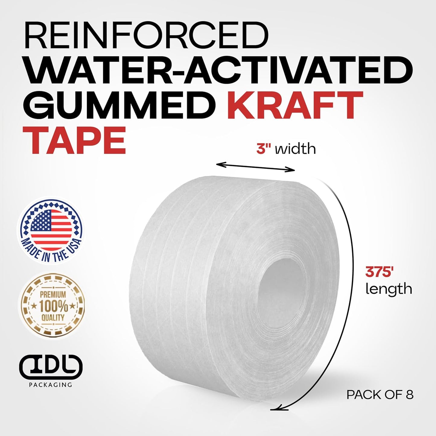 IDL Packaging 3" x 375 feet Reinforced Water-Activated Kraft Gummed Tape 70lb Thickness (Pack of 8) - Secure Paper Packing Tape for Secure Carton Sealing - Heavy-Duty for All Conditions, White