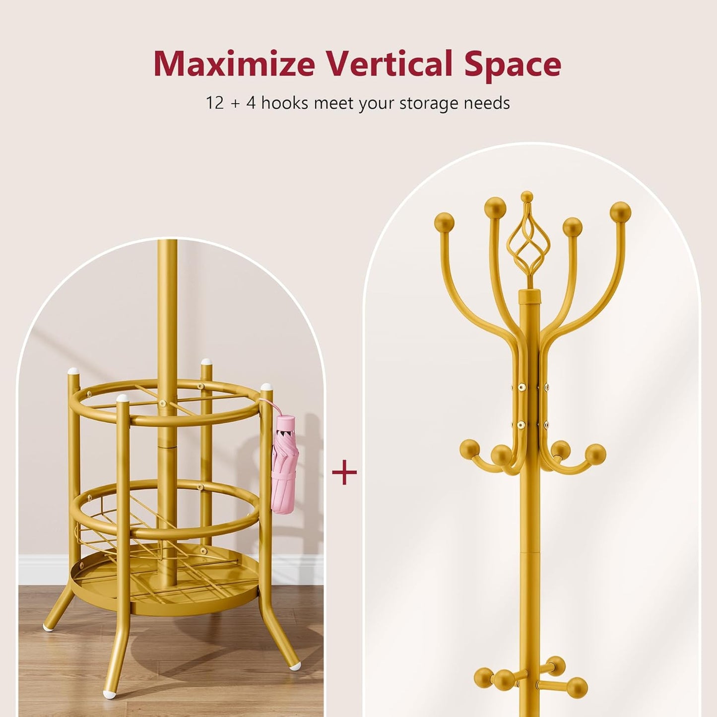 Tajsoon Coat Tree with Umbrella Holder, Coat Rack Freestanding, Coat Hangers Stand with 16 Hooks, Standing Coat Rack for Living Room, Bedroom, Office, Gold