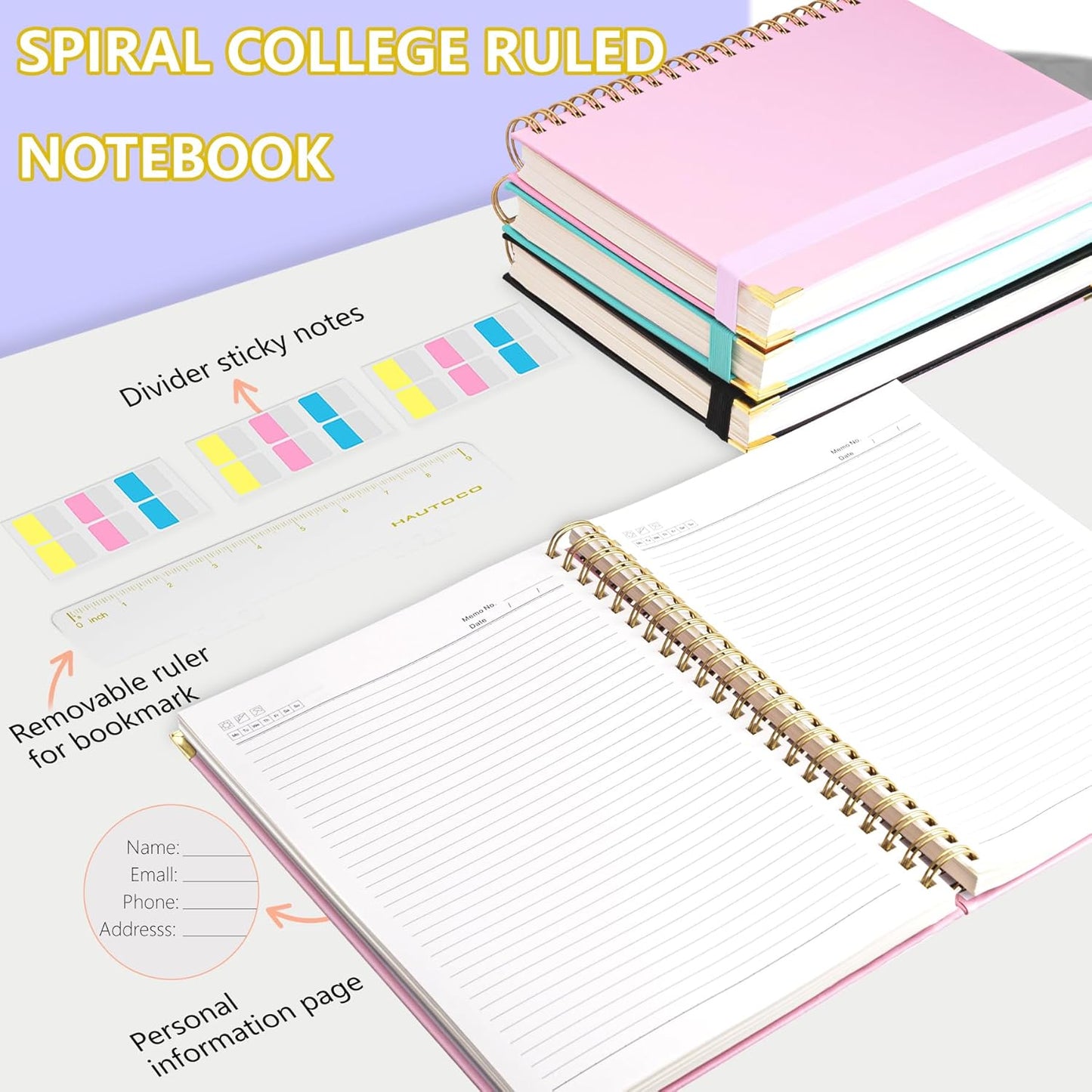 HAUTOCO Spiral Notebook 8.5"x 11", College Ruled Leather Notebook Journal with 320 Pages, A4 Pink Hardcover Notebook, 100 GSM Paper, Lined Paper Journaling Notebooks for Women Work School Office