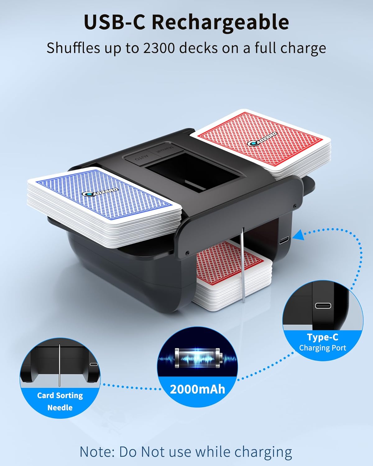 ADZERD Automatic Card Shuffler for 1-2 Decks with Dual Auto/Manual Modes, USB-C Rechargeable, Quiet Operation, Compatible with UNO, Poker, Mahjong, Bridge, Rummy, Skip-Bo, Phase 10 & More