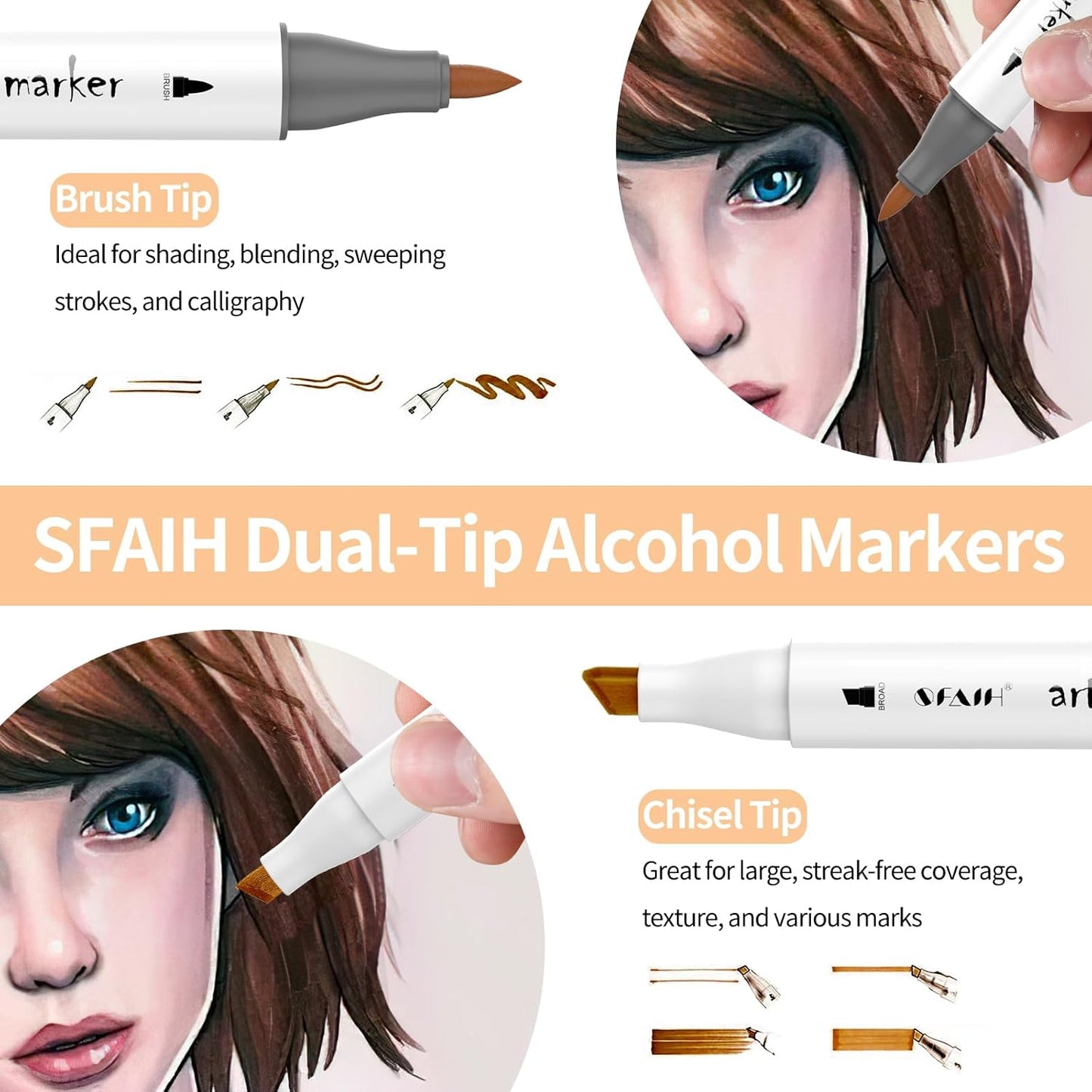 SFAIH Skin Tone Alcohol Markers Brush Tip - 12 Dark Skin Colors Double Tipped Art Markers for Artist Adult Coloring Illustration, Gifts for Artist Adult, Dual Tip Brush & Chisel - Refillable Ink