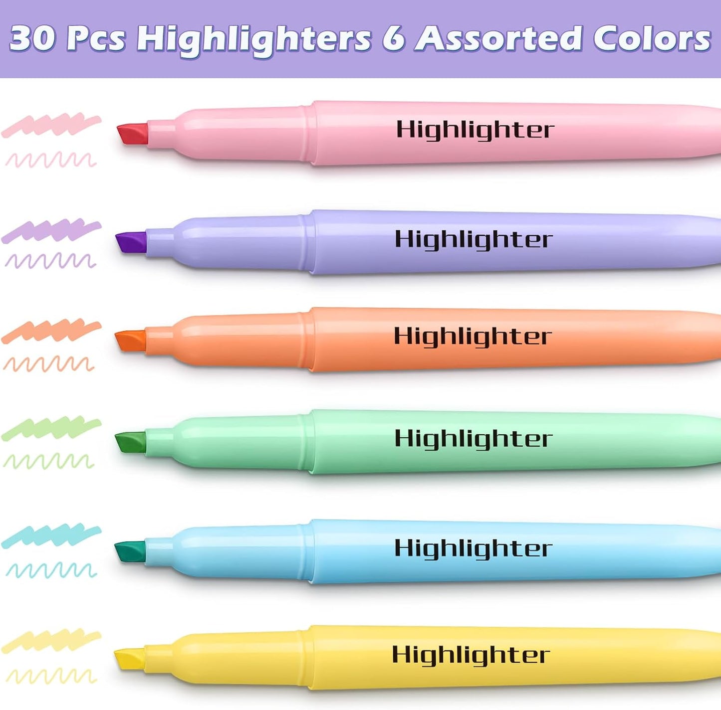 V-Opitos 30 Pack Highlighter in 6 Pastel Colors, No Bleed Highlighters, Bright Highlighters with Soft Chisel Tips, Ideal for Office and School Supplies
