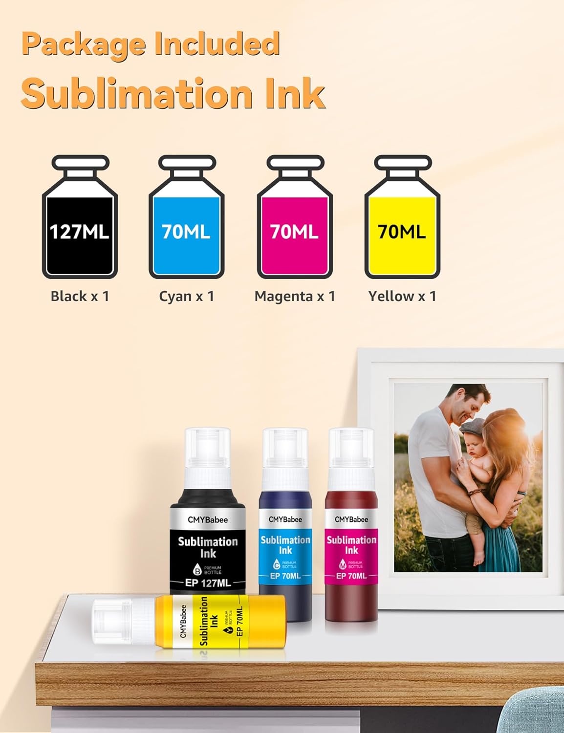 CMYBabee Sublimation Ink Refill Bottles Compatible for Epson Printers ET2800 ET15000 ET8550 ET2400 ET4800 ET2850 ET2803 ET3830 ET3850 ET4850 Heat Press Transfer on Mugs T-Shirts(4 Pack)