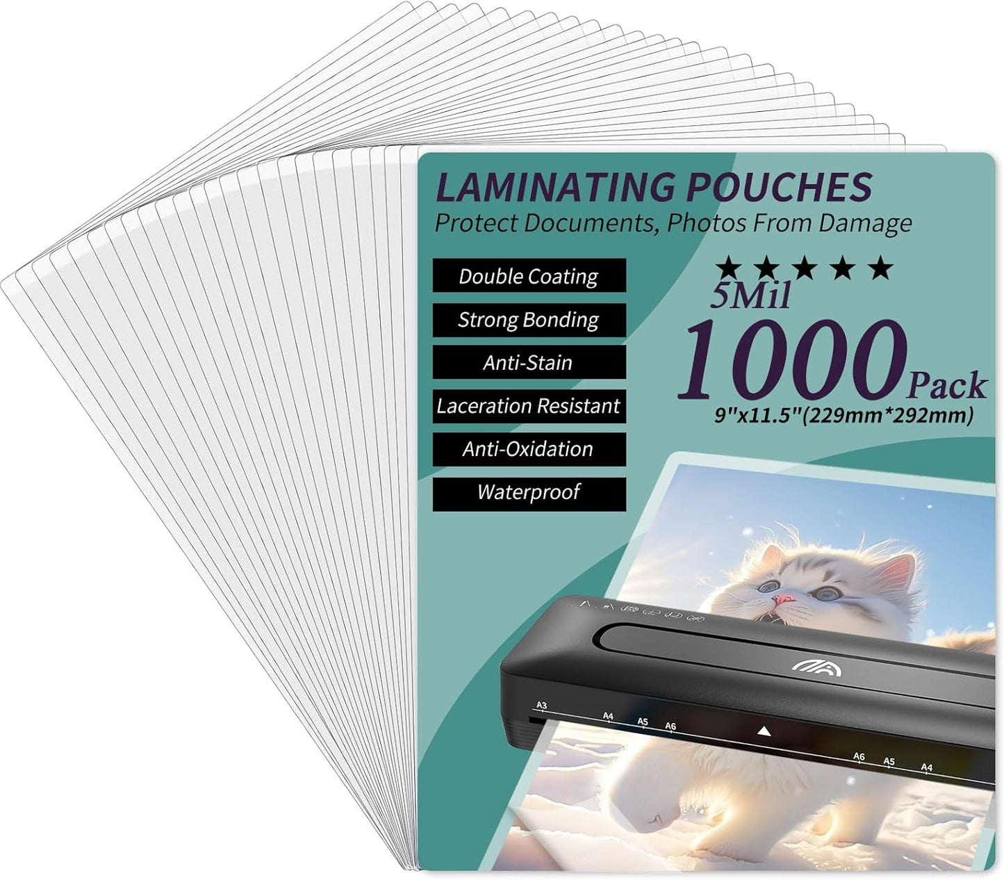 Laminating Sheets - 5Mil Thermal Laminating Pouches, 9"x11.5" Clear Laminate Sheets for Schedules, Menus, Certificates, Art Drawings, Round Corner, 1000 Pack