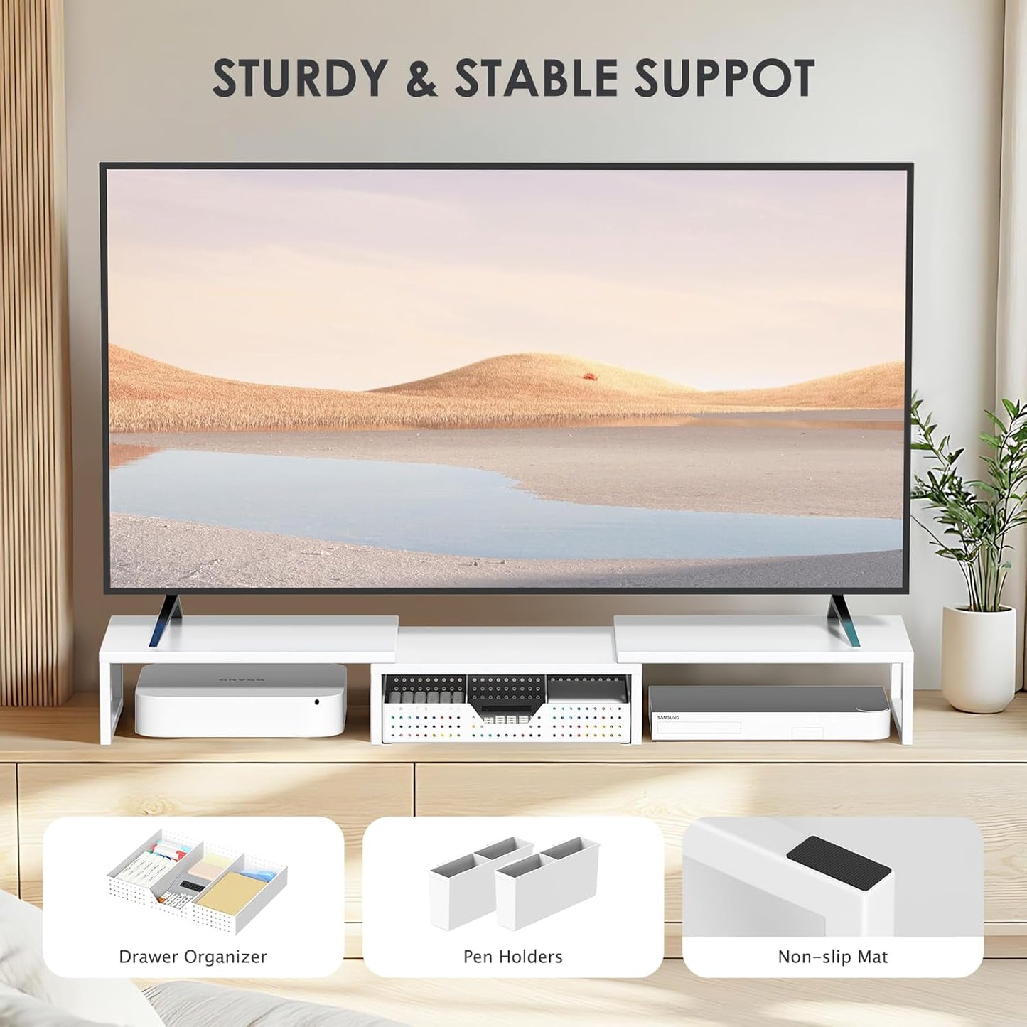 White Dual Monitor Stand Riser, Metal Desk Organizers and Accessories with Drawer and 2 Pen Holders, Computer Monitor Stand for Desk