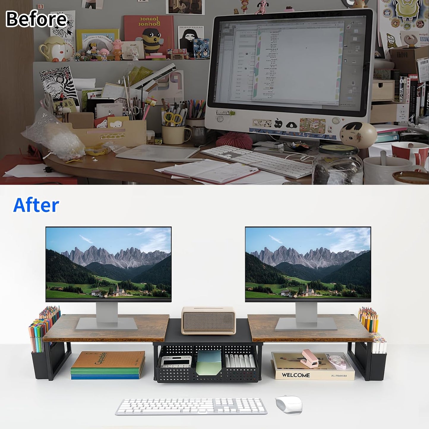 Desk Dual Monitor Stand Riser - Desk Organizer with Drawer and Pen Holders, Office Desk Accessories & Workspace Organization, Computer Monitor Stand for Laptop, Printer, TV, Office Decor, Wood