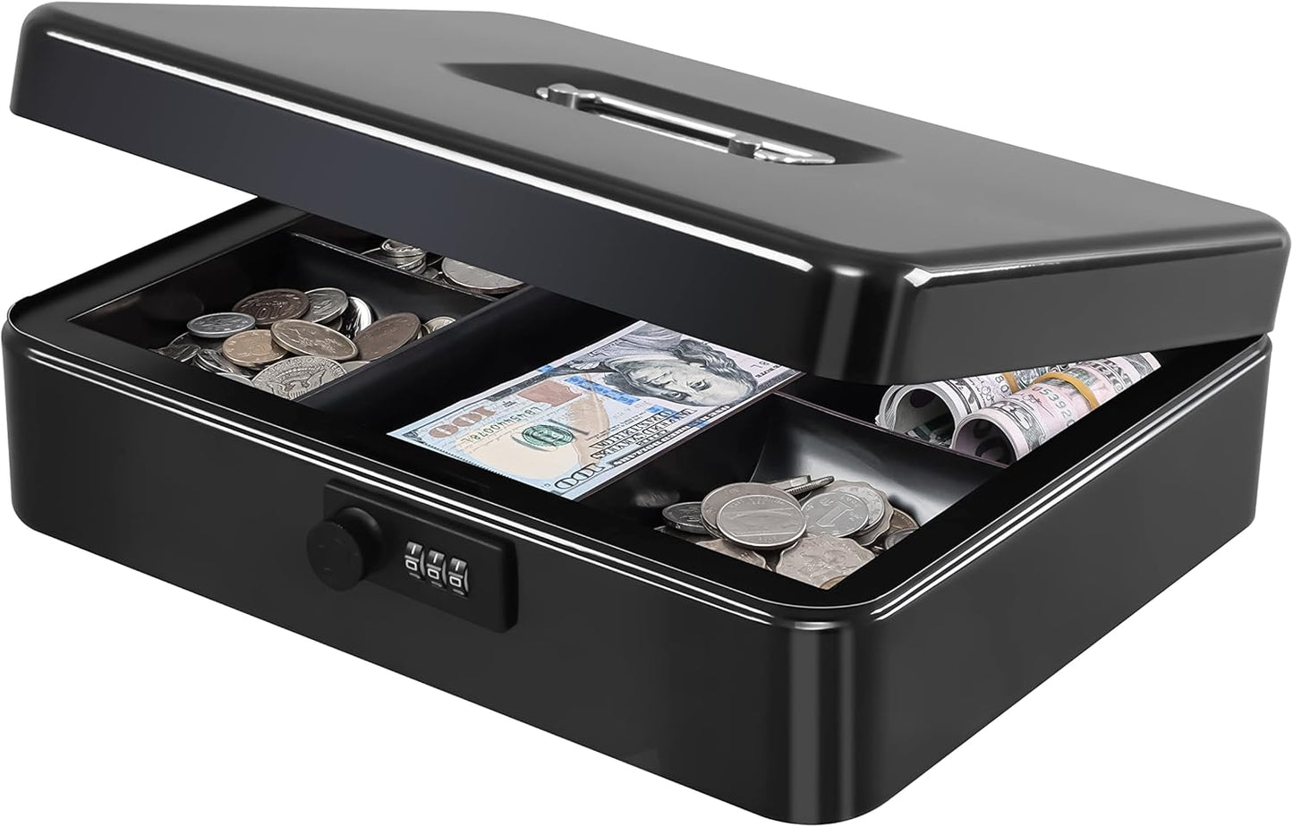 KYODOLED Metal Cash Box with Combination Lock Money Box for Cash Safe Metal Box with Money Tray for Security Lock Box 11.81"x 9.45"x 3.54" Black X Large