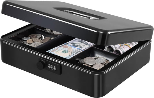 KYODOLED Metal Cash Box with Combination Lock Money Box for Cash Safe Metal Box with Money Tray for Security Lock Box 11.81"x 9.45"x 3.54" Black X Large