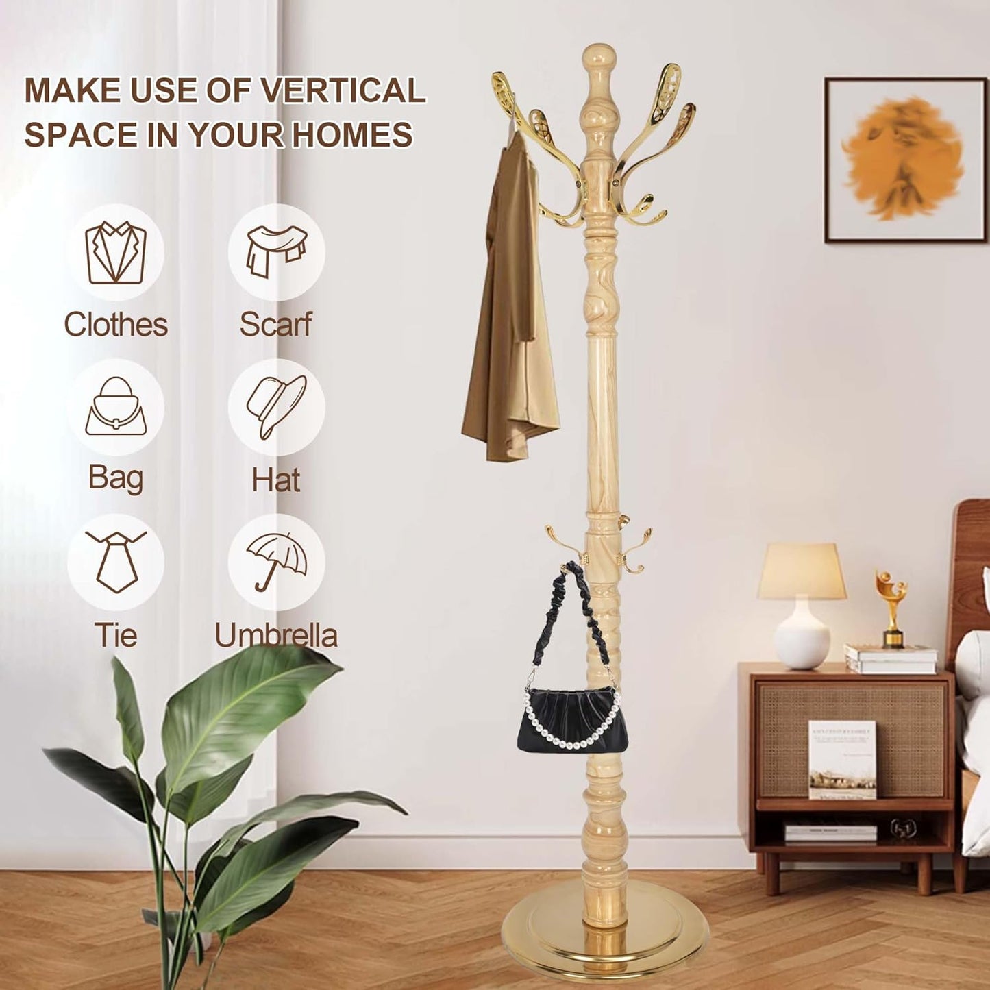 Solid Wood Coat Rack Stand with 14 Hooks, Vintage Coat Rack Freestanding with Heavy Duty Metal Base, Adjustable Height Coat Hanger Stand Hall Tree Fits Entryway Bedroom Office for Coat,Bag,Hat