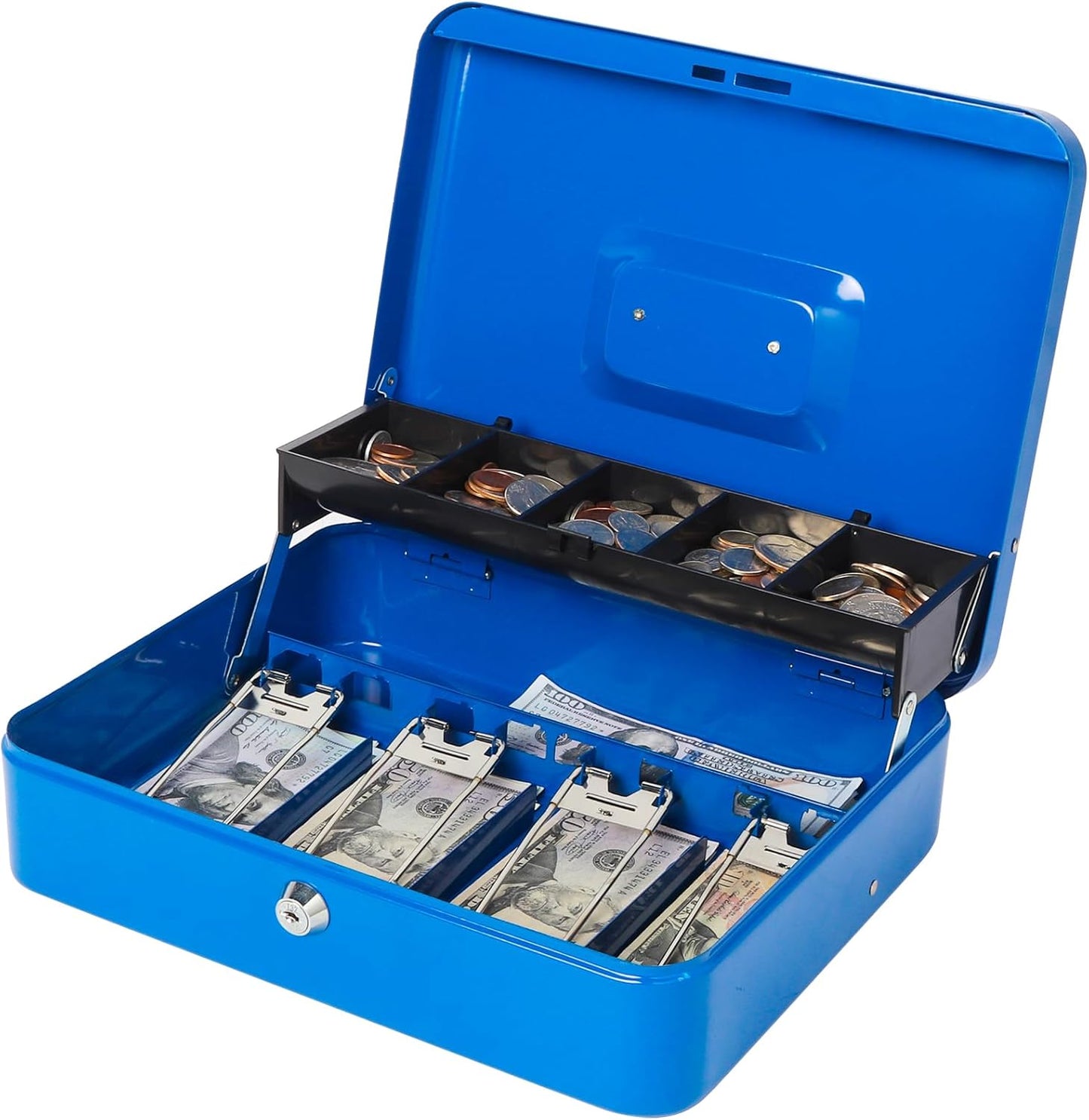 Jssmst Locking Large Metal Cash Box with Money Tray, Lock Money Box with Key, Blue, CB00513XL