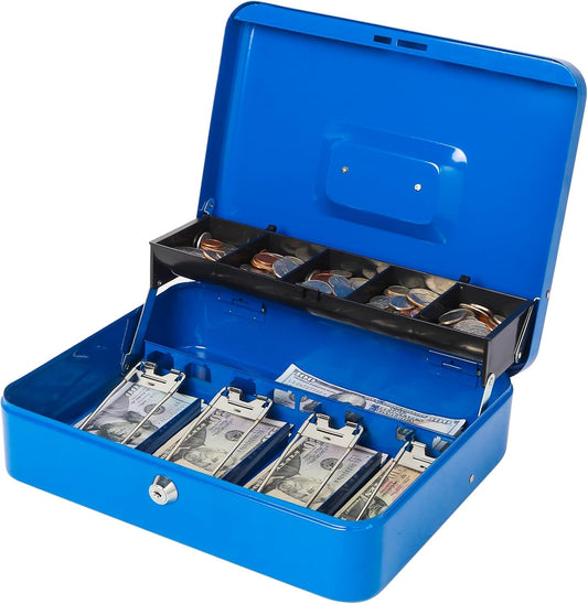 Jssmst Locking Large Metal Cash Box with Money Tray, Lock Money Box with Key, Blue, CB00513XL