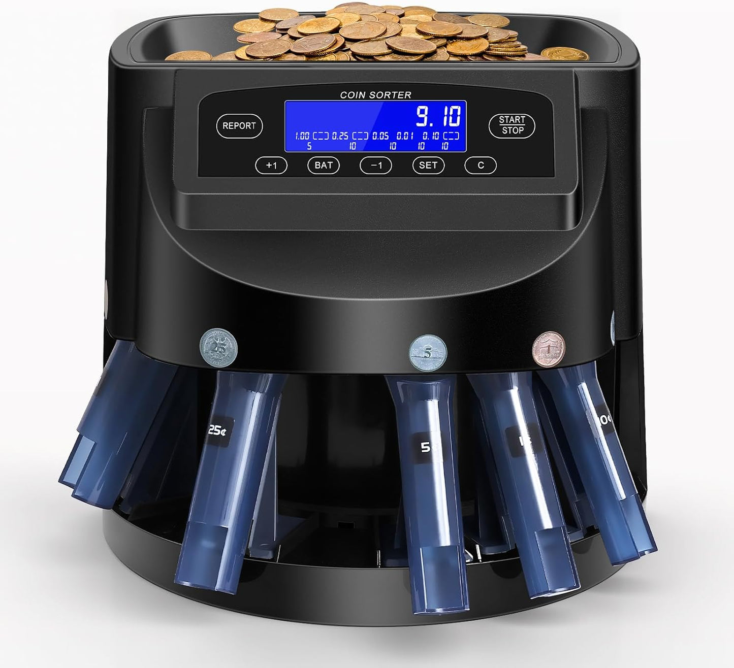 Coin Counter and USD Coin Sorter with LCD Display, Automatic Change Counter for 1￠ 5￠ 10￠ 25￠ $1, 270 Coins/min, 300-Coin Capacity, Coin Sorter and Wrapper Machine for Fast & Accurate Sorting