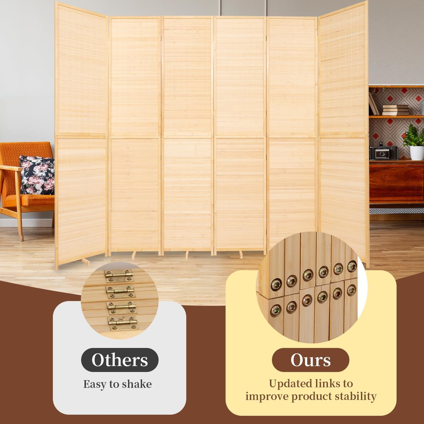 Bamboo Room Divider 6 Panel Wall Divider, 106'' W x 67'' H Folding Design with Extra Stable Base, 100% Bamboo Room Divider Screen for Room Separation, Chinese Room Partitions and Dividers Freestanding
