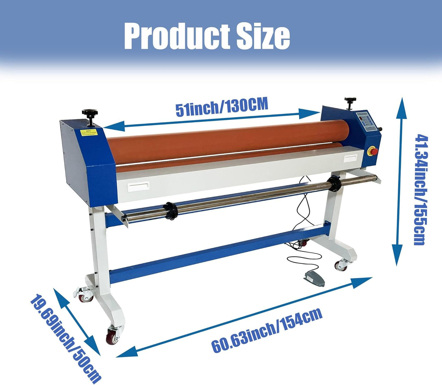 Electric Manual Cold Laminator, Movable 51IN/1300MM Wide Format Large Roll Laminating Machine Rubber Roller with Frame for Office Film Photo Vinyl Poster Laminating