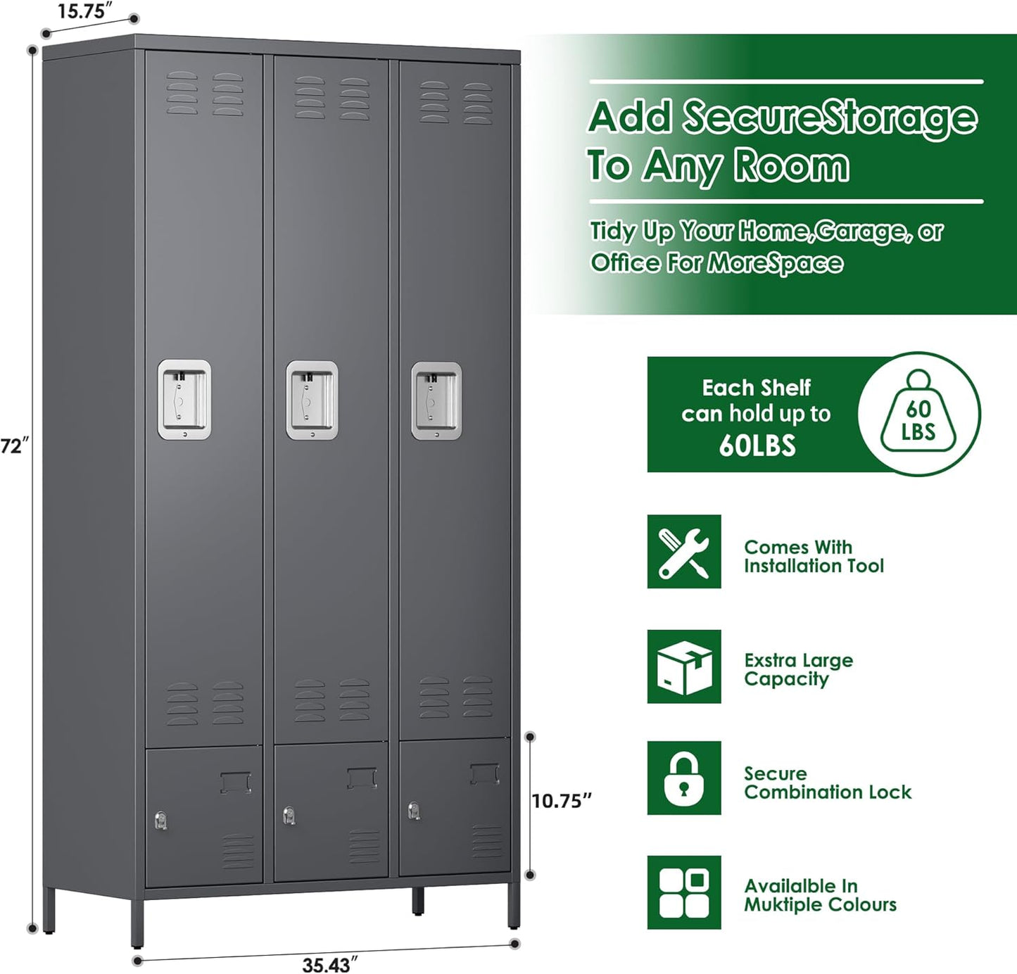 Metal Storage Locker with 3 Big Doors & 3 Small Doors, Lockers for Employees with Hooks for School Garage Office Gym Bedroom,Assembly Required,Dark Grey