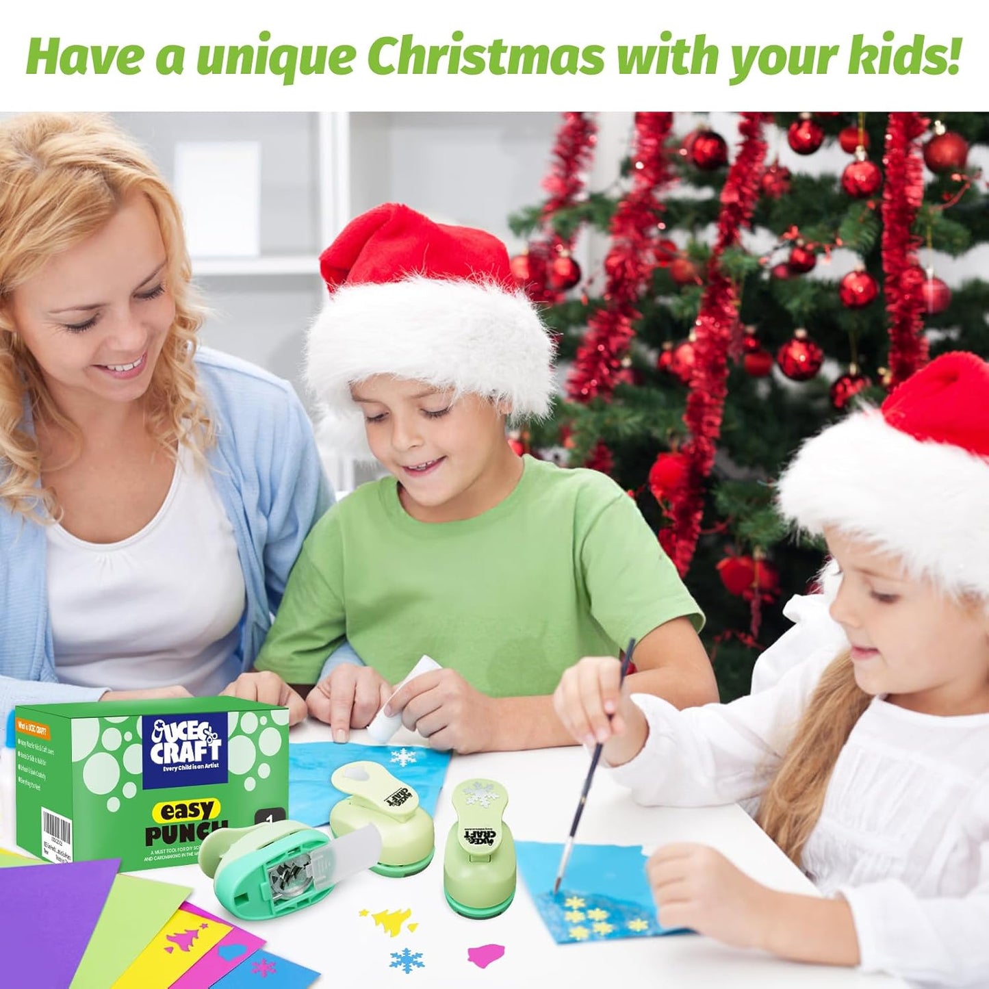 UCEC Hole Punch 1 Inch Craft Christmas Snowflakes Bells Shapes 30 Pieces Hole Puncher for Crafts Set with Craft Paper Cardstock, Mix Shape Designs Hole Puncher for Kids for Crafting Scrapbooking