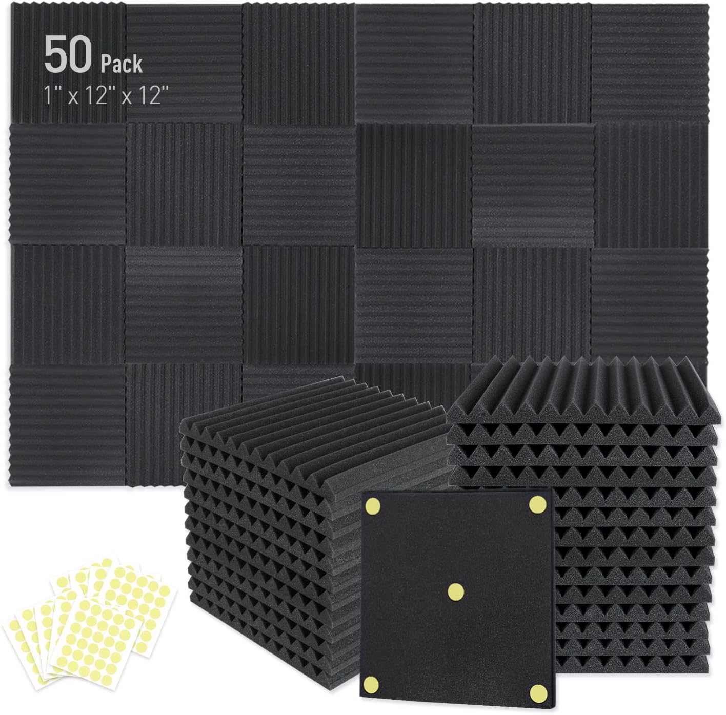 50 Pack Acoustic Foam Panels 1" x 12" x 12" Sound Proof Foam Panles Soundproofing Noise Cancelling Wedge Panels for Home Office Recoding Studio with 300PCS Double-Side Adhesive