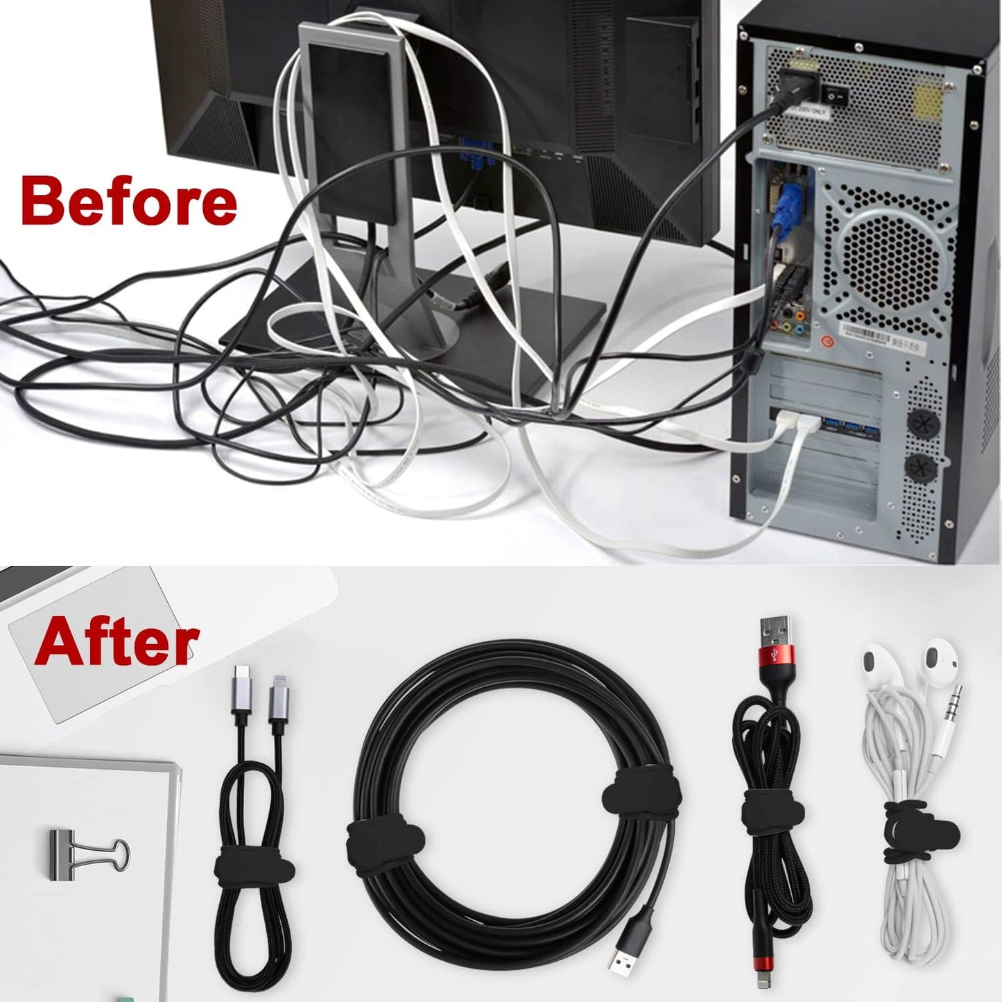 Nearockle 16Pcs Silicone Cable Straps Wire Organizer for Bundling Earphone, Phone Charger, Computer Cords, Reusable Cable Ties Cord Organizer in Home,Office,Kitchen,School(Black)