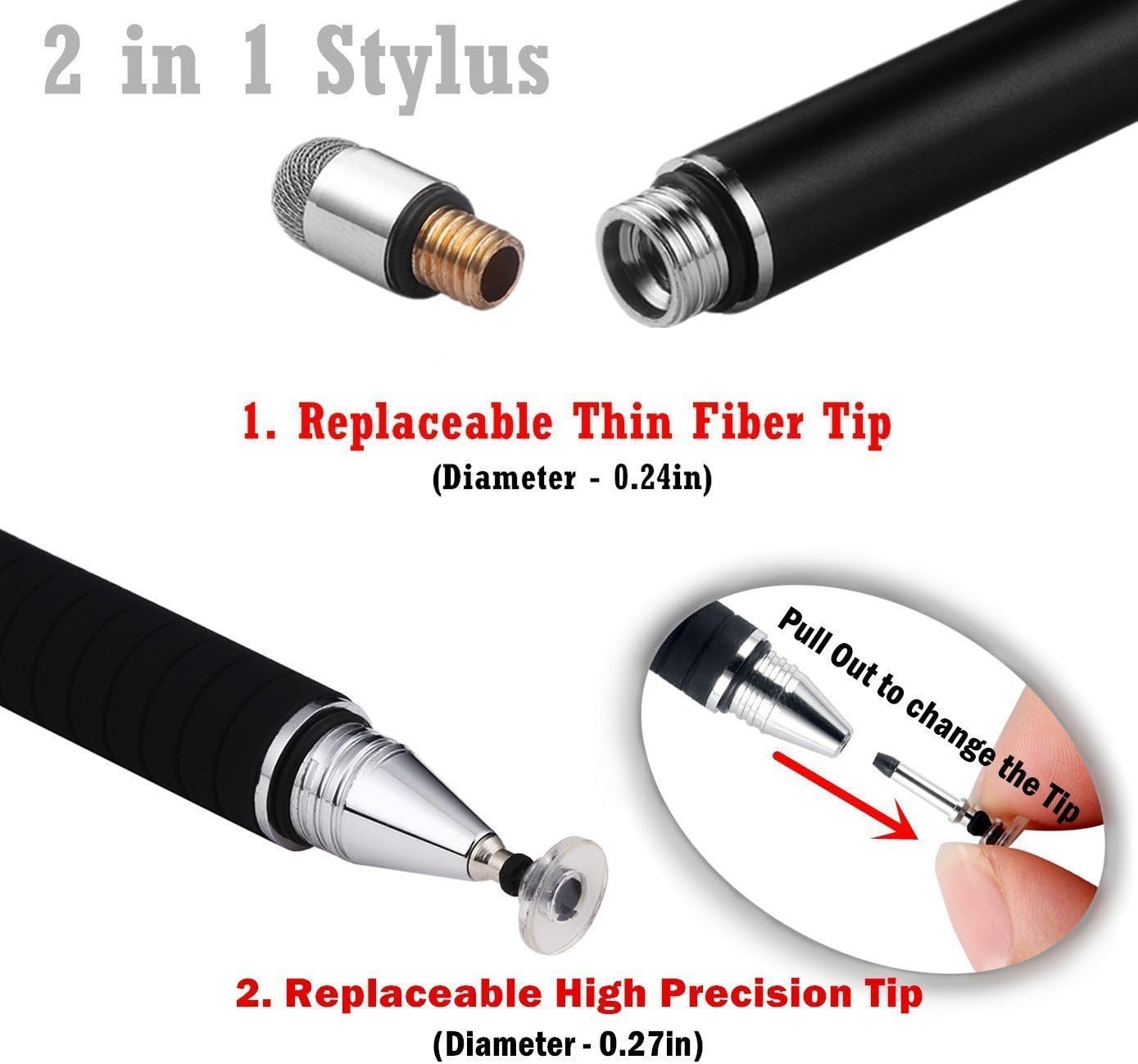 MEKO(2 Pcs)[2 in 1 Precision Series] Disc Stylus/Styli for All Touch Screen Devices Bundle with 4 Replaceable Disc Tips, 2 Replaceable Fiber Tips- (Black/Silver)