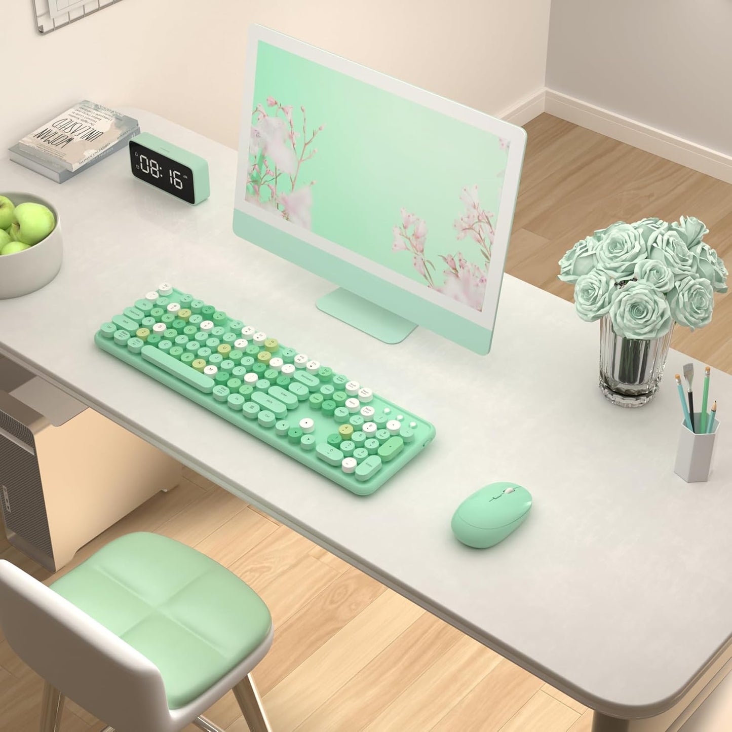 Colorful Wireless Keyboard and Mouse Combo, COVEVA 2.4GHz Wireless Retro Cute Round Keycaps Keyboard, 104 Keys Full-Sized Keyboard Mouse Set with Switch Button for PC Laptop Desktop (Green Colorful)