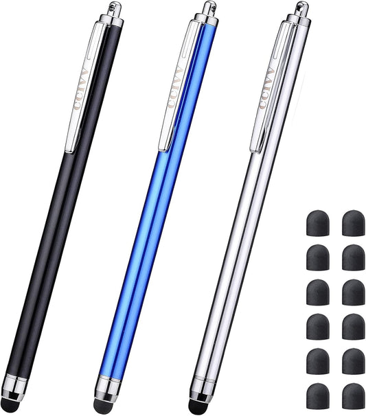 3 Pcs Stylus Pens for Touch Screens [0.24 inch Tip Series], 12 Extra Replaceable Rubber Tips (Black/Silver/Dark Blue)
