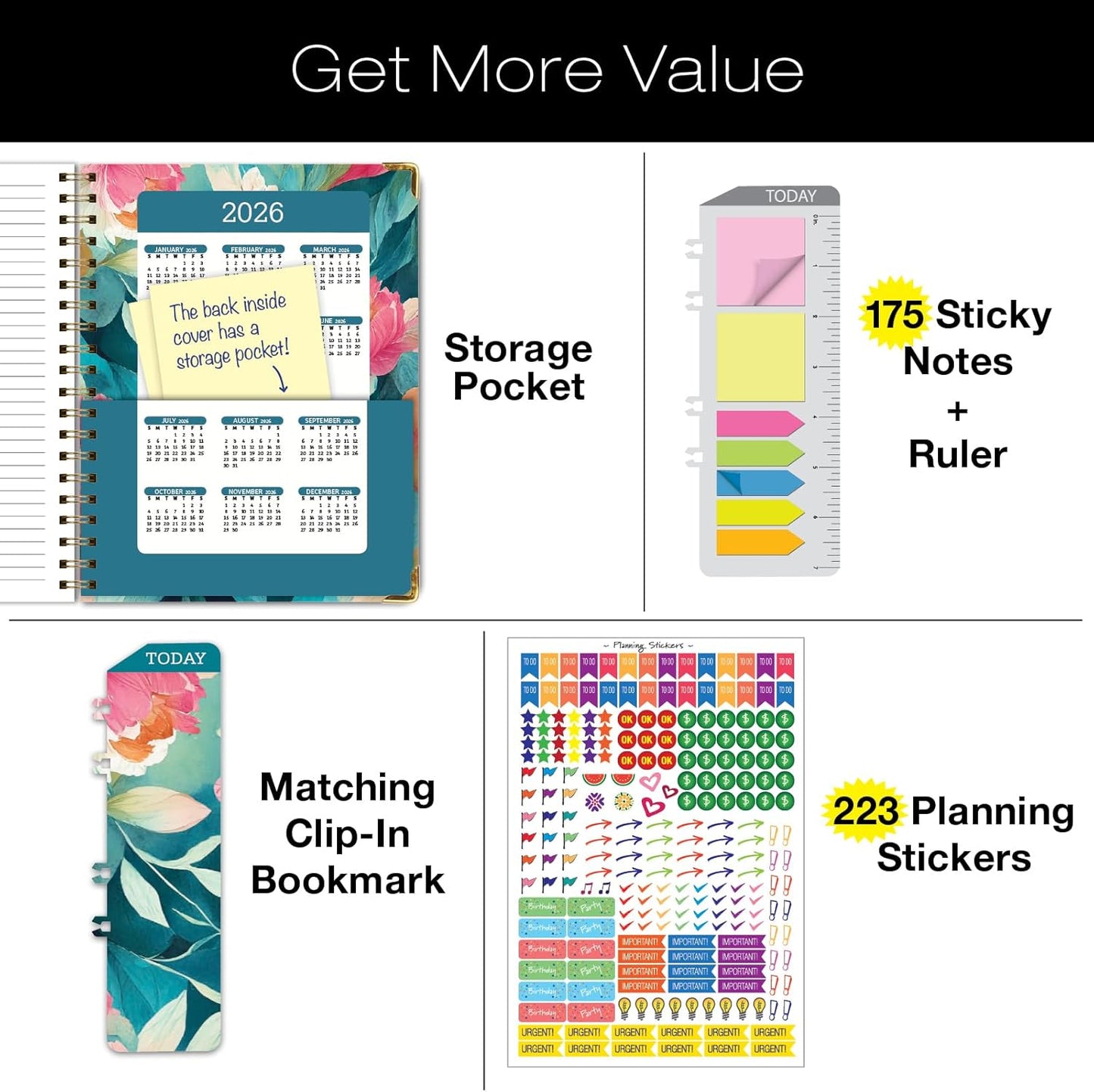 HARDCOVER Academic Year 2025-2026 Planner: (June 2025 Through July 2026) 8.5"x11" Daily Weekly Monthly Planner Yearly Agenda. Bookmark, Pocket Folder and Sticky Note Set (Teal Floral)