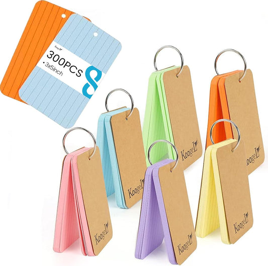 Koogel 300PCS Index Cards with Ring, 3x5 Colored Index Card with Ring for Back to School, Heavyweight Lined Notecards for Studying School Supplies Learning Memory Note Taking To Do List, 6 Colors
