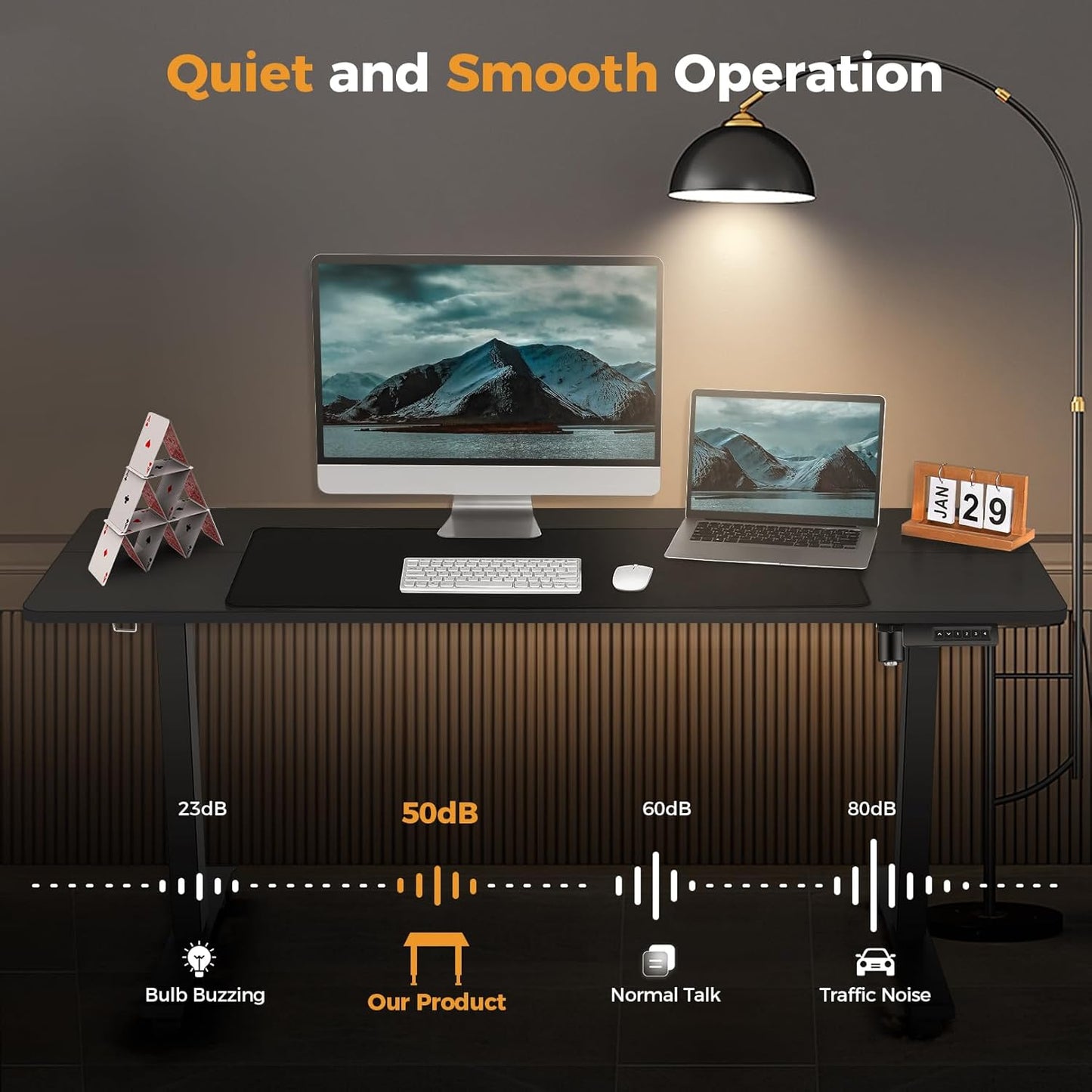 Curved Electric Standing Desk 48 x 24 Inches Adjustable Height Ergonomic Sit Stand Up Desk for Home Office Computer Workstation with 2 USB Ports 3 Power Outlets Memory Preset Wheels, Black