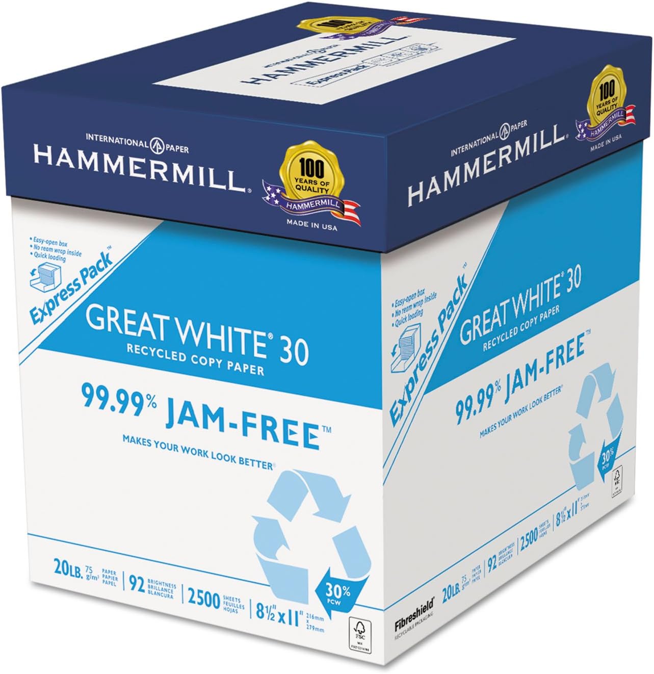 Hammermill Printer Paper, Great White 30% Recycled Paper, 8.5 x 11 - 1 Express Pack (2,500 Sheets) - 92 Bright, Made in the USA, 067780